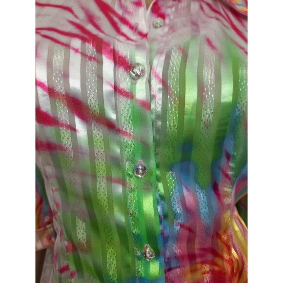 Vintage 90s Tie Dye Print Sheer Shimmery Blouse Size S White Button Front - Picture 5 of 12